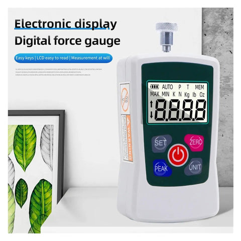Digital Push Pull Gauge With Backlit Display Portable Dynamometer For On The Go Compression Tests AMF 500N Max 1 Percent Precision White Unit Requires Two AAA Batteries Not Included, front view