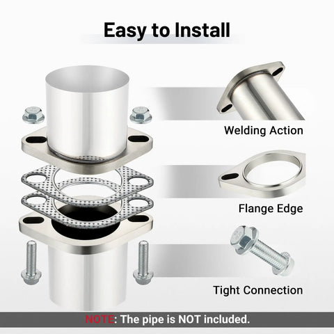 Battle Ready 2.5 Inch 2 Bolt Exhaust Flange Connection Kit Crafted From 304 Stainless Steel showing gasket and bolts assembly.