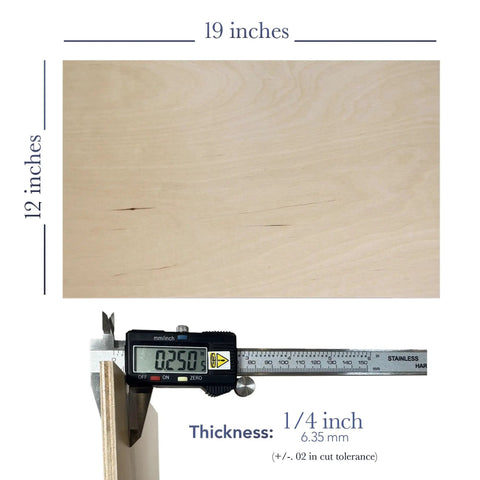 Baltic Birch Plywood Pack For Laser Engraving And CNC Projects 12 By 19 Inch Boards 6mm Thick 0.25 Inch Grade B And BB Glowforge Ready Unfinished Box Of 10 For DIYers, showing board dimensions with caliper.