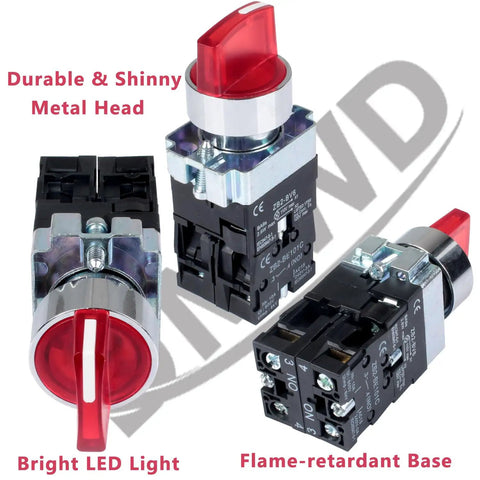Three Position Momentary Rotary Selector Switch with Red LED Indicator, 22mm Mounting Hole, shown with durable nylon body