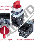 Two Pack 22mm Latching Rotary Selector Switch With Red Pilot Light, 3 Position Maintained, 2NO, 110VAC 10A, 0.87 Inch Mount Hole