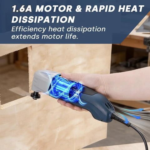 Heavy Duty Corded Oscillating Multi Tool With Universal Fit Base And 200W 1.6A Motor in use with heat dissipation feature.