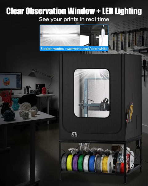 All In One 3D Printer Table With Enclosure Heavy Duty Workstation with LED light, filament storage, and clear observation window