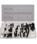 Roll Pin Assortment Kit 120 Pieces, 15 Sizes From 1.6mm To 9.5mm, Black Plated For Rust Resistance, Includes Blow Molded Tray, Professional Grade Pins For Quick Fixes, Repairs, And Heavy Duty Projects. Open tray with assorted black CR-V roll pins in labeled compartments