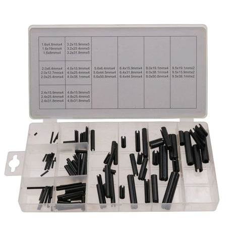 Roll Pin Assortment Kit 120 Pieces, 15 Sizes From 1.6mm To 9.5mm, Black Plated For Rust Resistance, Includes Blow Molded Tray, Professional Grade Pins For Quick Fixes, Repairs, And Heavy Duty Projects. Open tray with assorted black CR-V roll pins in labeled compartments