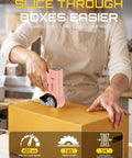 Punomo Cordless Electric Box Cutter With Rechargeable All Copper Motor For Quick Smooth Cutting Of Cardboard Leather Plastic Canvas Carpet And Wallpaper Up To Quarter Inch Thick Versatile Heavy Duty Tool cutting through a cardboard box.