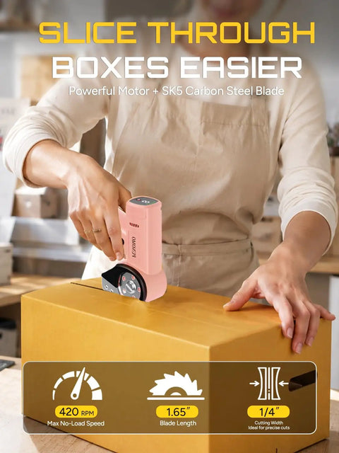 Punomo Cordless Electric Box Cutter With Rechargeable All Copper Motor For Quick Smooth Cutting Of Cardboard Leather Plastic Canvas Carpet And Wallpaper Up To Quarter Inch Thick Versatile Heavy Duty Tool cutting through a cardboard box.