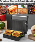 Multi Purpose Compact Contact Grill Sandwich Maker Panini Press With Floating Hinge Non Stick Plates cooking two grilled sandwiches.