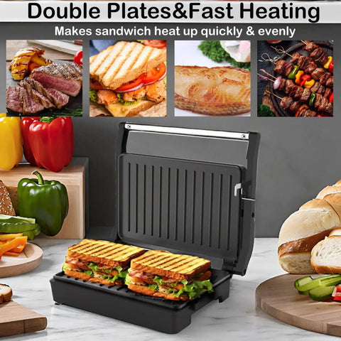 Multi Purpose Compact Contact Grill Sandwich Maker Panini Press With Floating Hinge Non Stick Plates cooking two grilled sandwiches.