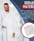 Unisex Disposable Lab Coats White Knee Length With 3 Pockets Size Large Pack Of 50, shown with durable SMS material.