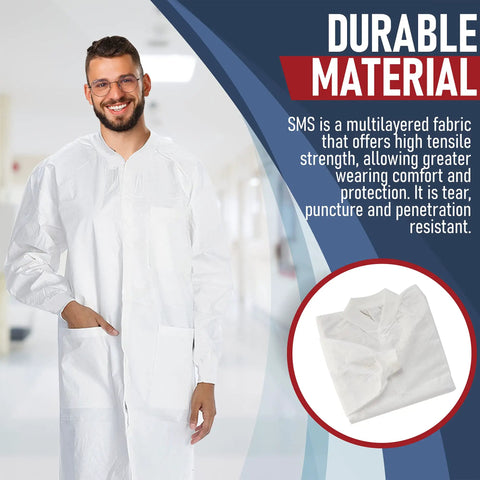 Unisex Disposable Lab Coats White Knee Length With 3 Pockets Size Large Pack Of 50, shown with durable SMS material.