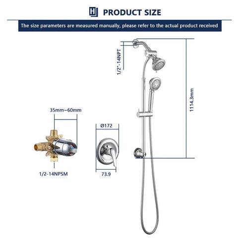 Dimensions of Dual Shower Head System With Valve Chrome 2 In 1 Liftable Handheld Shower 60 Inch Stainless Steel Hose displayed.