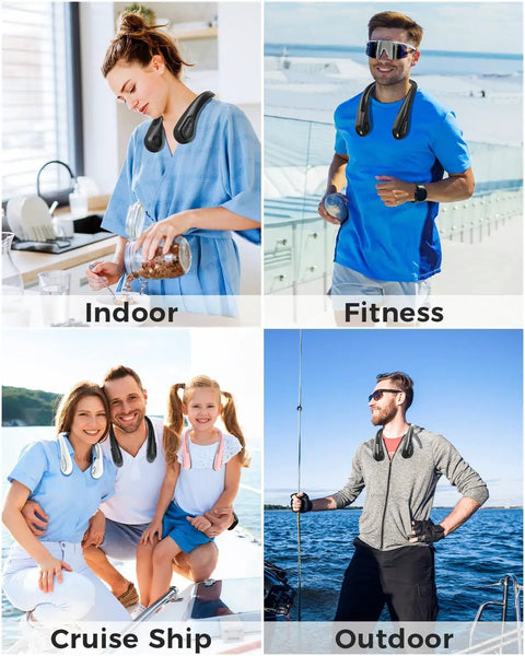 People using Wearable Bladeless Neck Fan For Hands Free Cooling On The Go Rechargeable Portable Cooling Device in various settings