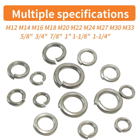 Rock Solid 7/8 Inch Spring Lock Washers 20 Pack 304 Stainless Steel Split Lock Fasteners assortment of washers with multiple sizes.