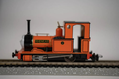 Thomas Narrow Gauge Rheneas Die Cast Steam Locomotive Prototypical Orange For HO Scale And N Scale Track Showing Side View
