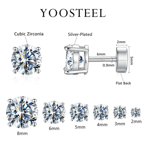 Six Pairs Dainty Stud Earrings Set With Flat Back Posts In 2mm 3mm 4mm 5mm 6mm And 8mm Sizes 14K Gold Plated For Women And Girls Everyday Sparkle Mix And Match, silver-plated cubic zirconia studs with flat back