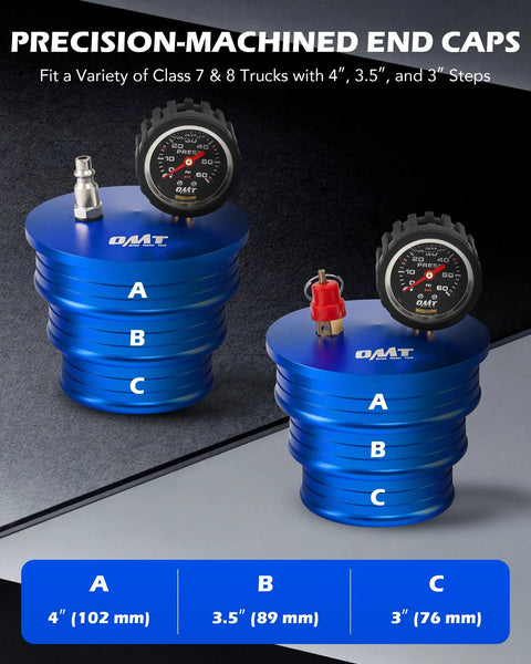 Orion Motor Tech CAC boost leak tester with blue aluminum tanks and billet end caps in 4 in, 3.5 in, and 3 in sizes.