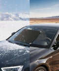 Car with Go-To 20W 12V Solar Panel Battery Charger And Trickle Maintainer on windshield in winter and desert
