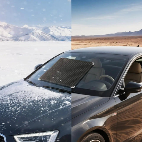 Car with Go-To 20W 12V Solar Panel Battery Charger And Trickle Maintainer on windshield in winter and desert