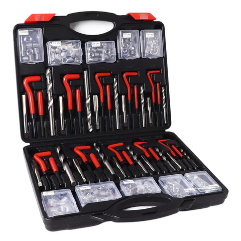 261Pcs Thread Repair Kit With Self Tapping Inserts And Drill Bit Set Pro Grade Rugged HSS 4241 304 Stainless Steel For Automotive Switch Equipment Multiple Pieces Included. Open case with drill bits and inserts