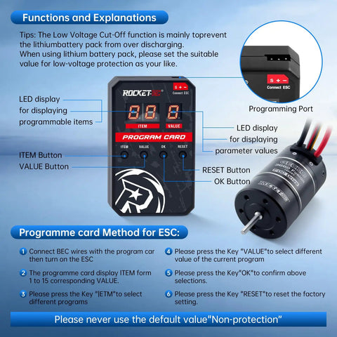 RC Car ESC Programming Card With LED Programmer For 3660 Fusion Brushless Motors next to detailed instructions and connections