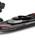 Rad Remote Control Speed Boat With LED Lights And Waterproof Roof And 2.4 GHz Control High Power Brushless Motor Reaching Up To 45 kmh Omni Directional Steering Auto Flip Water Cooling Built For Serious Hobbyists And Casual Lakeside Fun, showing black RC boat with controller