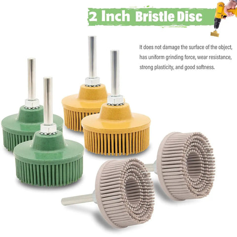 2 Inch Bristle Disc Kit with six pieces in 50, 80, and 120 grit for abrasive coating removal from metal with one quarter inch shank attachment