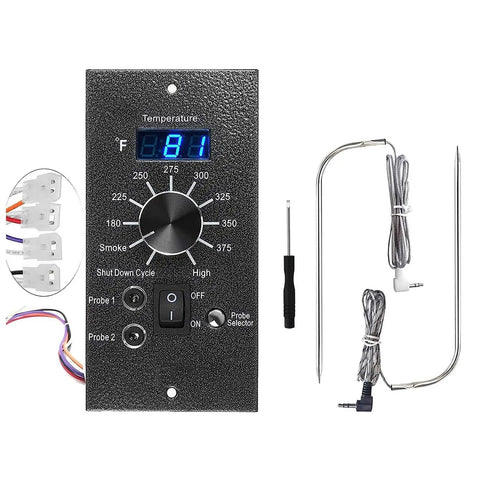Digital Thermostat Kit Replacement Controller for Pellet Grills with Dual Meat Probes and screwdriver.