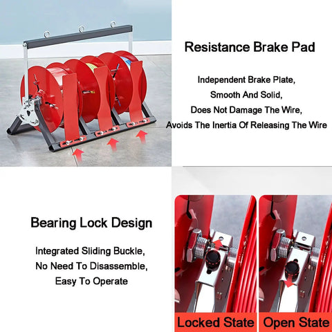 Pro Grade Industrial Wire Spool Rack And Cable Dispenser For Electrical And Retail Use Style 3 with red discs and brake pad.