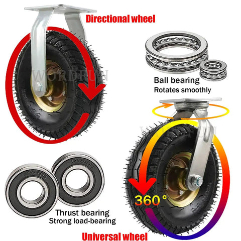 Heavy Duty Inflatable Pneumatic Swivel Casters Featuring Quiet Dual Bearings And Smooth Rolling Tires, directional and universal wheels with ball bearings.
