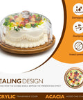 Heavy Duty Acacia Wood Cake Stand With Lid And Rotating Lazy Susan Tray, Smooth Spin Server Dome, showcasing a cake under an acrylic cover.