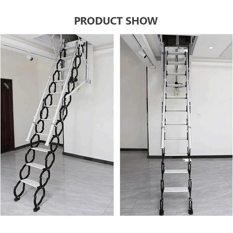 Heavy Duty Electric Attic Ladder With Wireless Remote Control And Retractable Alloy Loft Stairs showing steps and ceiling access.