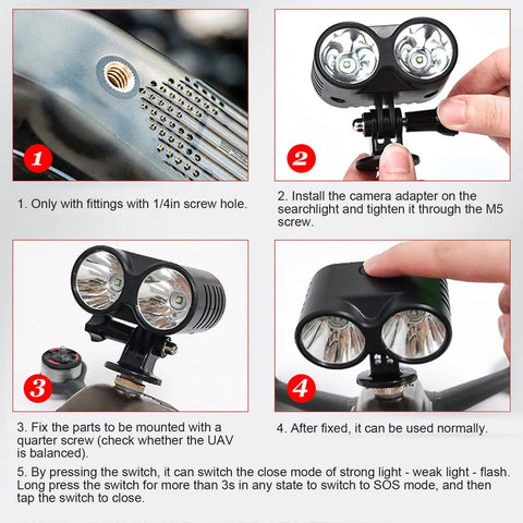Universal 4 Mode Drone Owl Searchlight installation guide showing dual bright beams and screw mount on durable build.