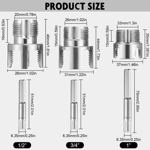 Product size dimensions for Heavy Duty 3 Piece Pipe Thread Cutting Tool Kit For Electric Drill, including 1/2, 3/4, and 1 inch details.