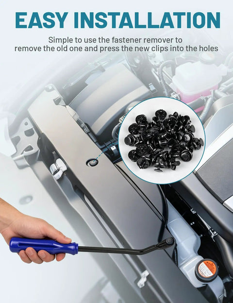 Premium 101 Piece Engine Undercover And Fender Retainer Clip Kit With Fastener Puller For Toyota Lexus shown with clips and tool for easy installation.