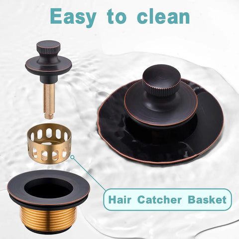 Oil Rubbed Bronze Bathtub Drain Kit With Lift And Turn Stopper And Overflow Faceplate Universal No Fuss One And A Half Inch Or One And Three Eighths Inch Drain Hole Solid Brass Construction Easy Install Durable Bath Drain Fixture with hair catcher basket