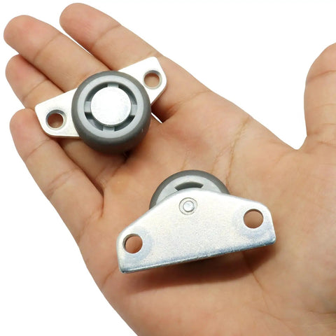 Dijedev 1.25 Inch Small Side Mount Caster Wheels Set of 4 held in a hand, showcasing the gray wheels with metal mount.