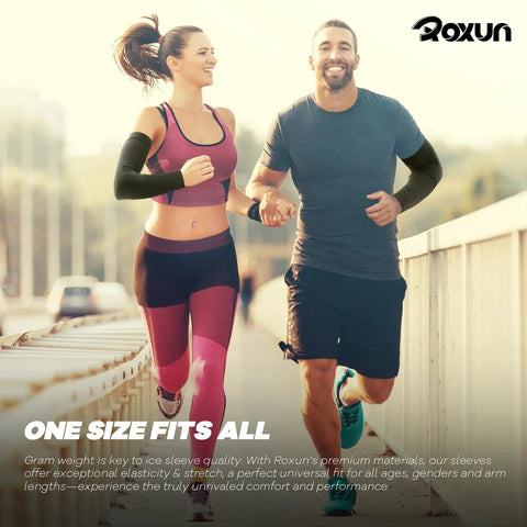 Cooling Arm Sleeves With UPF Fifty Plus Sun Protection For Men And Women Seamless Sport Compression For Outdoor Activities Like Running Cycling Hiking And More, worn by man and woman running outdoors