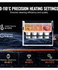 0-110°C precision heating settings display for Top Shelf 10 Liter Digital Ultrasonic Cleaner showing cleaning efficiencies.