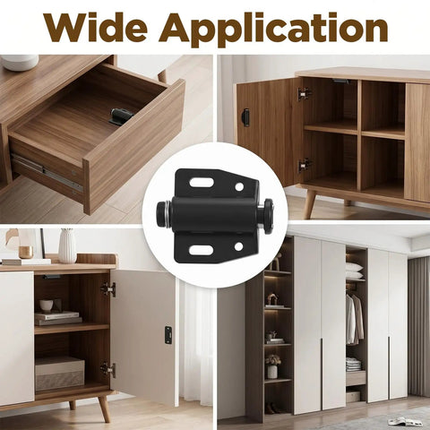 4 Pack Magnetic Push To Open Door Latches for cabinets and drawers shown on various furniture pieces.