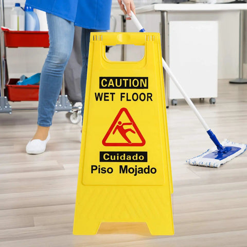 Wet Floor Sign Caution Foldable Double Sided Bilingual For Commercial Use Yellow 2 Pack Pool Area Safety Warning Signs Durable Plastic