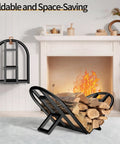 Foldable Firewood Rack For Indoor And Outdoor Use near a fireplace, showing metal frame with logs, emphasizing space-saving design.