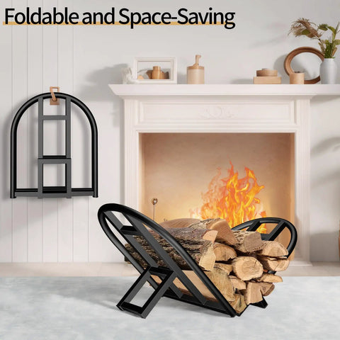 Foldable Firewood Rack For Indoor And Outdoor Use near a fireplace, showing metal frame with logs, emphasizing space-saving design.