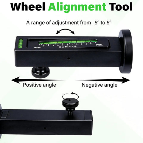 Pro Grade Universal Wheel Alignment Tool With Strong Magnetic Mount And Hella Accurate Negative 5 To 5 Degree Camber Adjustments For Smooth Ride Tuning And Quick Garage Fixes In Black showing adjustment range -5° to 5°.