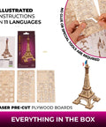 Paris Tower 3D Puzzle Kit No Glue Needed, 50 Wooden Pieces, 7.08 Inch Tall, Brown Finish, Easy Build For DIY Enthusiasts And Collectors, World Cities Collection, Fun Desk Model For Kids And Adults; boxed kit with plywood boards