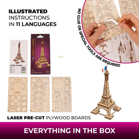 Paris Tower 3D Puzzle Kit No Glue Needed, 50 Wooden Pieces, 7.08 Inch Tall, Brown Finish, Easy Build For DIY Enthusiasts And Collectors, World Cities Collection, Fun Desk Model For Kids And Adults; boxed kit with plywood boards