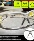 Premium Lightweight Frameless Safety Glasses with Killer Antifog Lens and Rock Solid Comfort for Marathon Shifts Bulk Box Includes 144 Pairs Green Gray Wraparound Shield Protection for Construction Crews close-up view of anti-fog coated clear lenses
