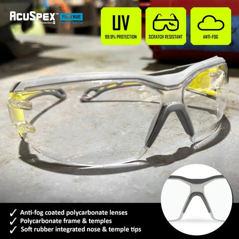 Premium Lightweight Frameless Safety Glasses with Killer Antifog Lens and Rock Solid Comfort for Marathon Shifts Bulk Box Includes 144 Pairs Green Gray Wraparound Shield Protection for Construction Crews close-up view of anti-fog coated clear lenses