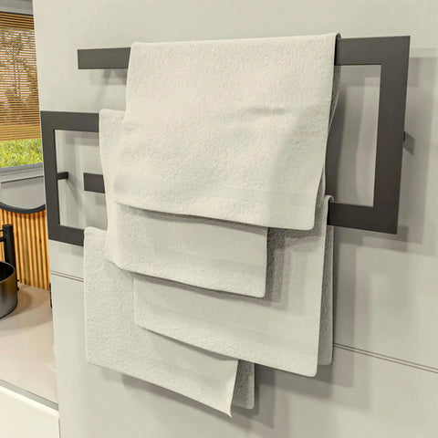 Modern Towel Shelf With Matt Black Finish Four Tier Wall Mounted Towel Rails And Shelves Rack displayed in bathroom