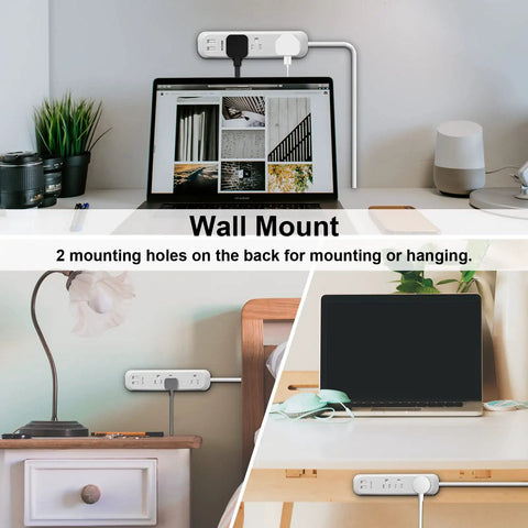 Three Outlet Power Strip With Two USB Ports 2.4A Total White 6 Foot Cord 1250W 10A Surge Protector 300 Joules Wall Mountable